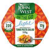 John West - On The Go Mediterranean Tuna Pasta Salad (220g) is a ready-to-eat meal with under 220 calories and 17g of protein per pack, shown enticingly served on a fork.